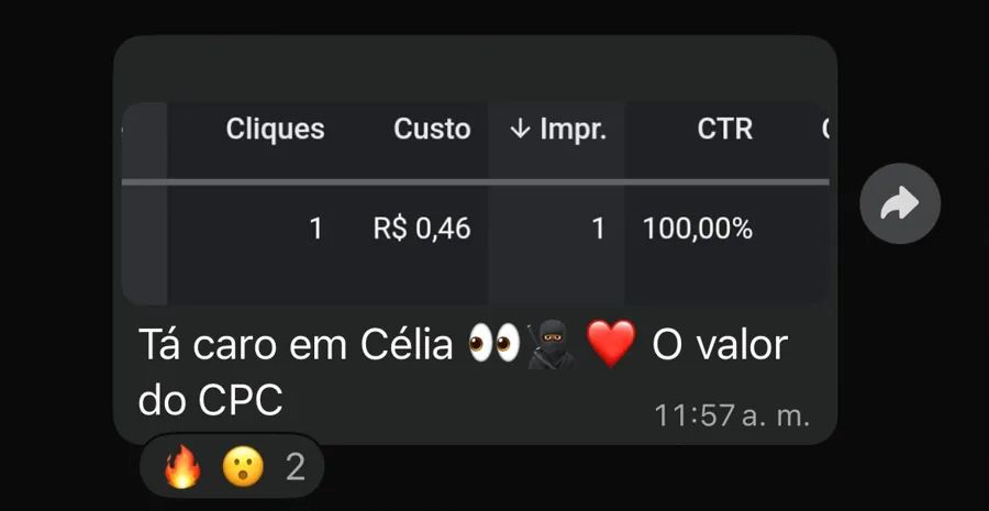 Print do painel do Google Ads enviado pelo Gabriel: 1 clique com custo de R$ 0,46, e a mensagem dele Tá caro em Célia, o valor do CPC