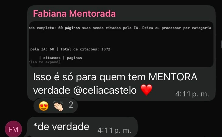 Print do terminal mostrando 60 páginas da aluna Fabiana citadas pela IA, com total de 1372 citações